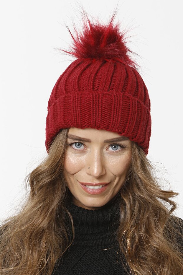 Katlamalı Kürk Ponponlu Triko Örme Bere Bordo - 1