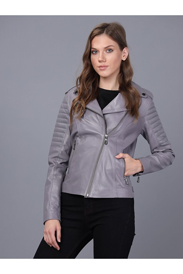 Bayan Gri Deri Ceket - 2