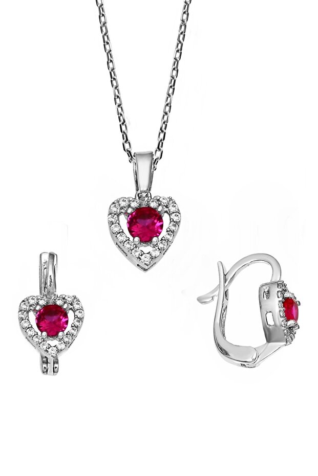 925 Ayar Gümüş Kalp Figürlü Ruby Zirkon Taşlı Set - S016802 - 3