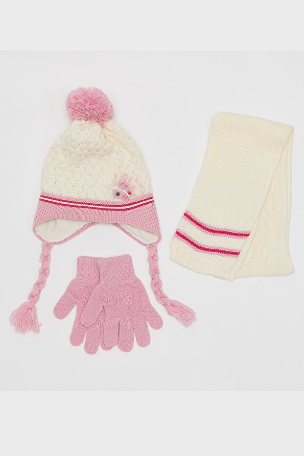 Basket Knitted Girl's 3-Piece Beanie Set