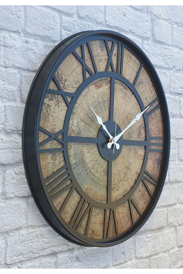 Siyah Metal Kasalı Eski Dünya Haritalı Duvar Saati Siyah 80cm - 3