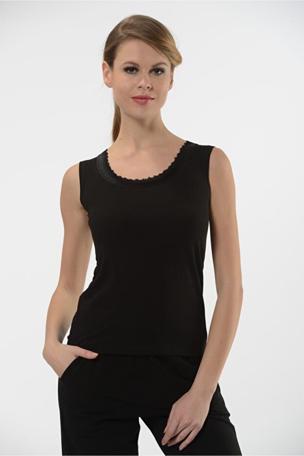 3-Piece Women's Cotton Black Tank Collar Detailed & Comfortable Texture & Thick Strap