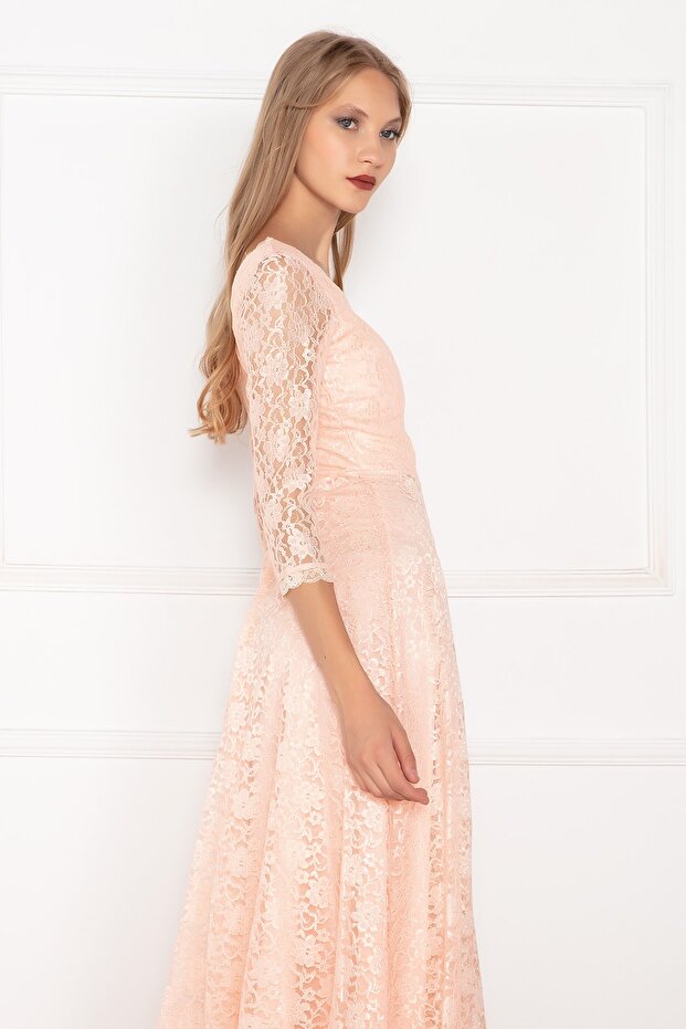 Kristy 3810-2 V Yaka Dantel Uzun Elbise - 2