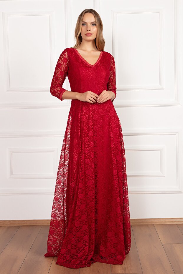 Kristy 3810-2 V Yaka Dantel Uzun Elbise - 1