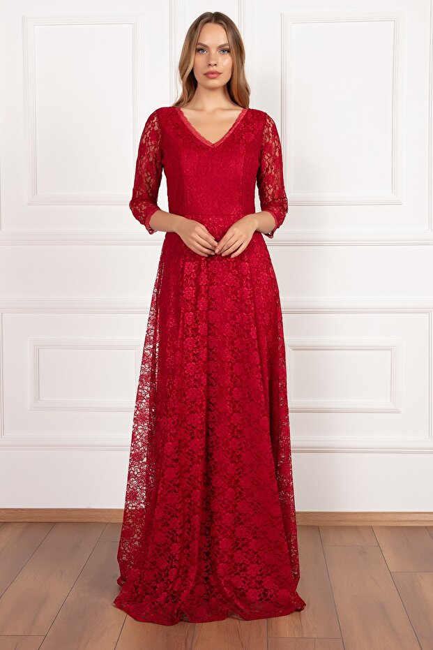 Kristy 3810-2 V Yaka Dantel Uzun Elbise - 3