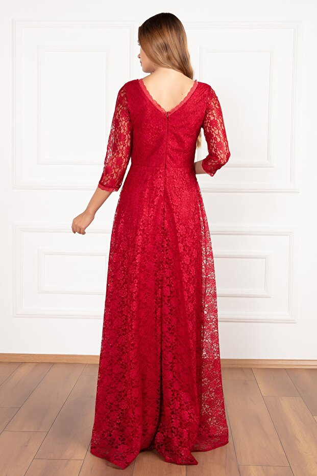 Kristy 3810-2 V Yaka Dantel Uzun Elbise - 6