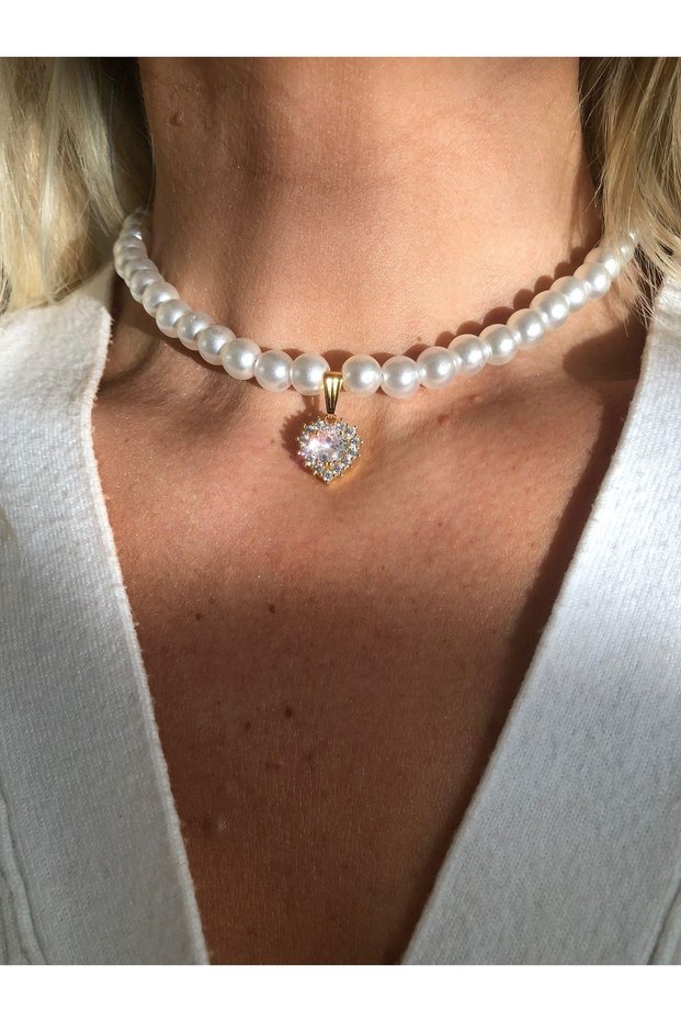 Zircon Stone Heart Detailed Pearl Collar Choker Necklace
