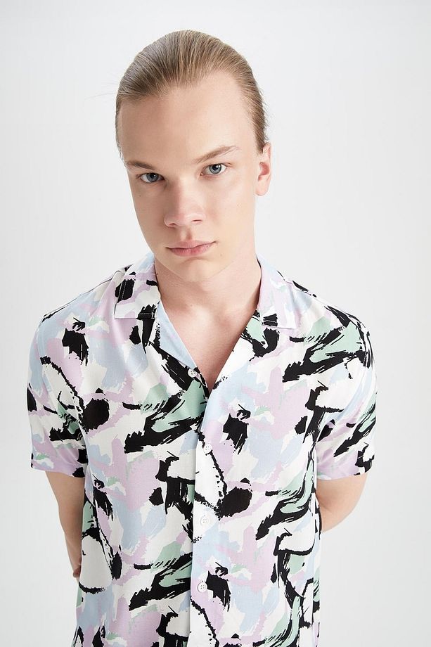 Coool Regular Fit Baskılı Poplin Kısa Kollu Hawaii Gömlek - 1