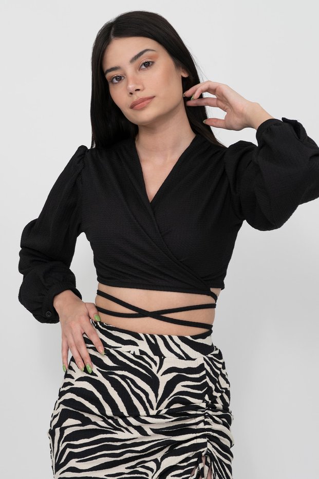 Women's Black Waist Tied Balloon Sleeve Crop Blouse