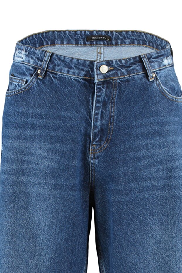 Koyu Mavi Yüksek Bel Destroylu Geniş Paça/Wide Leg %100 Pamuk Büyük Beden Jeans TBBSS22JE00006 - 13