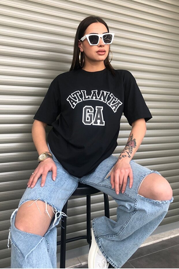 Women's Black Atlanta Printed Oversize T-shirt