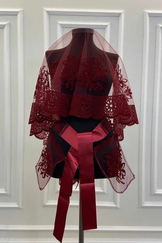Burgundy Embroidery and Flower Pattern Flock Printing Glitter Bridal Veil Sash Gloves Set