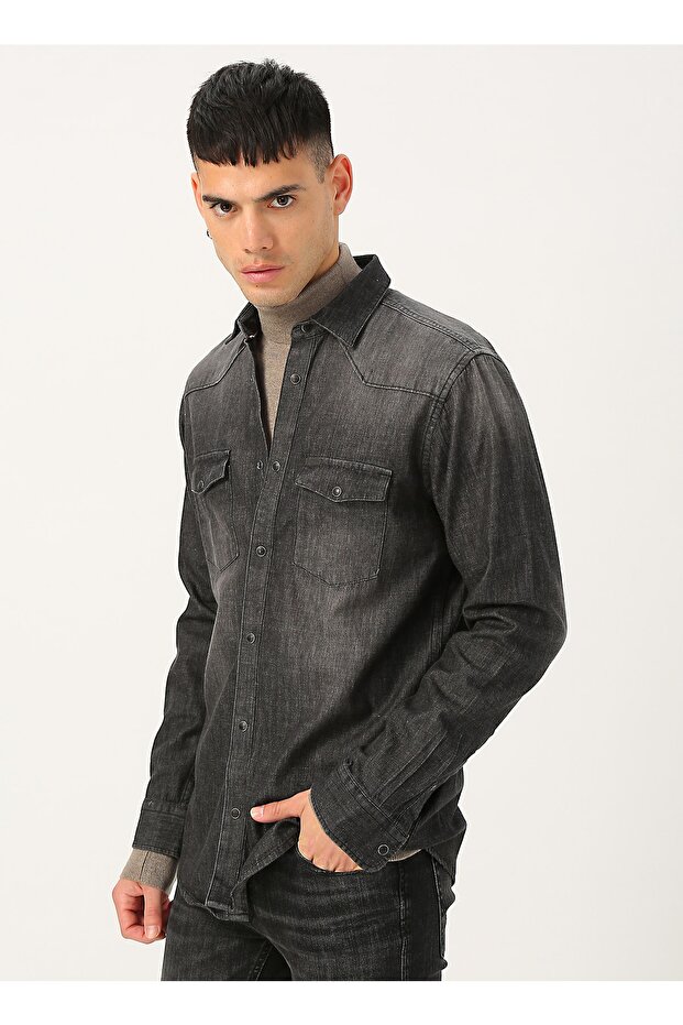 Siyah Denim Gömlek - 8