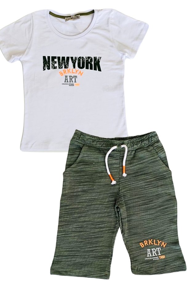 Boy's Short Sleeve T-shirt Capri Suit Summer 2-Piece Set Khaki Green Natural Organic Cotton Fabric