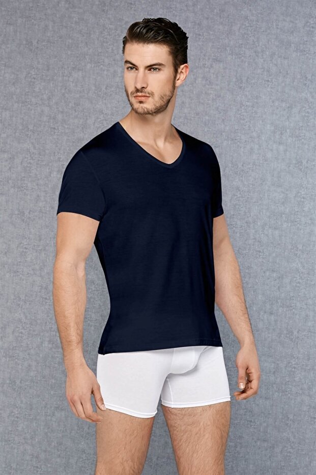 Men's Navy Blue Micromodal V-Neck Short Sleeve T Shirt