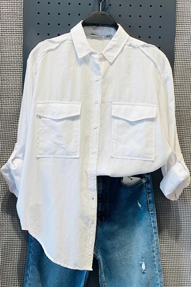 Women's White Double Pocket Folding Sleeve 100% Cotton Shirt