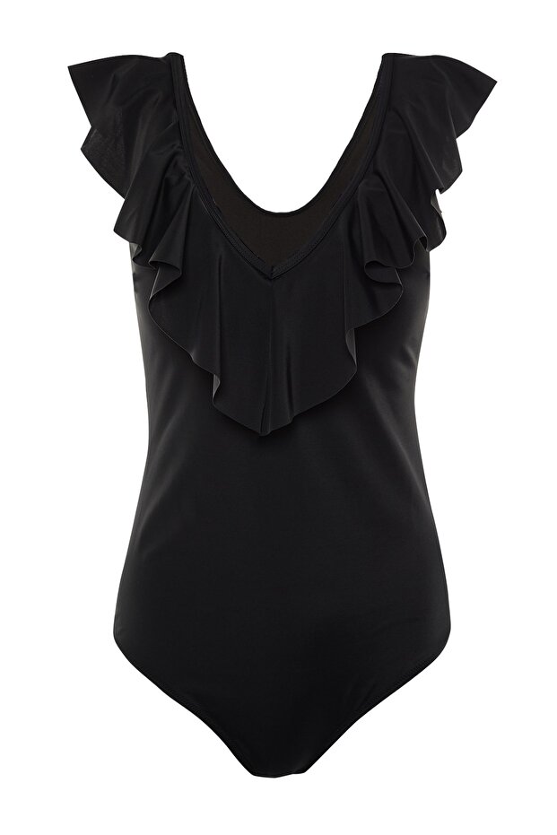 Чорний глибокий закритий купальник з глибоким V-подібним вирізом з оборками TBBSS22MA0299 - 6