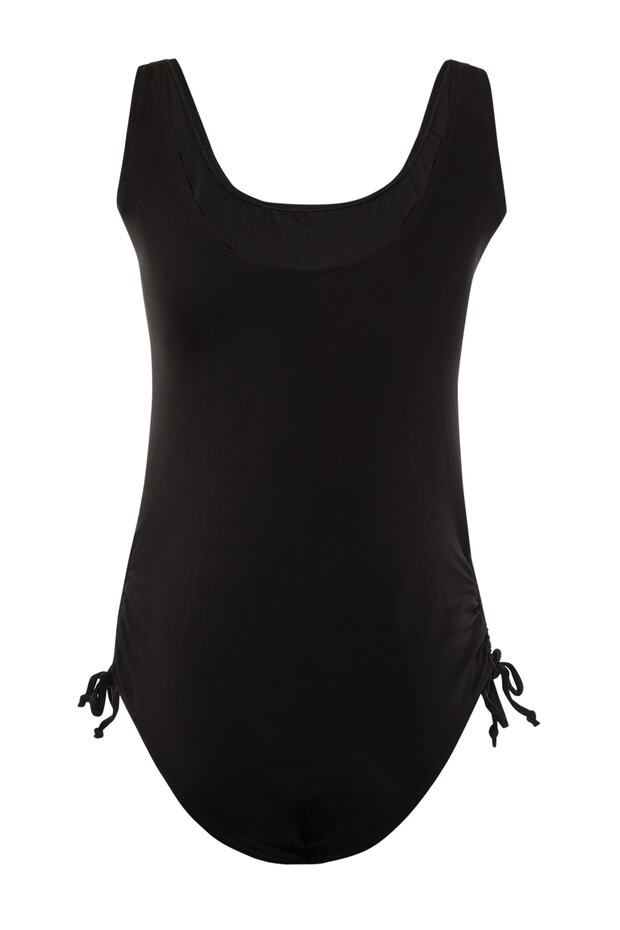 Fekete, mély V-nyakú pántok, kidobható, összegyűjtött, nagy méretű fürdőruha TBBSS22MA0306 - 6