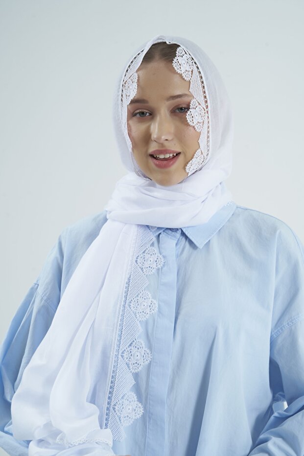 Women's Crepe Chiffon Guipure Embroidered Mevlüt Cover White