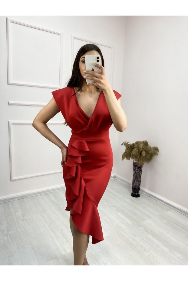 Women's Red, Scuba Fabric Front Ruffle Midi Length Graduation Wedding Dress (5 COLORS)