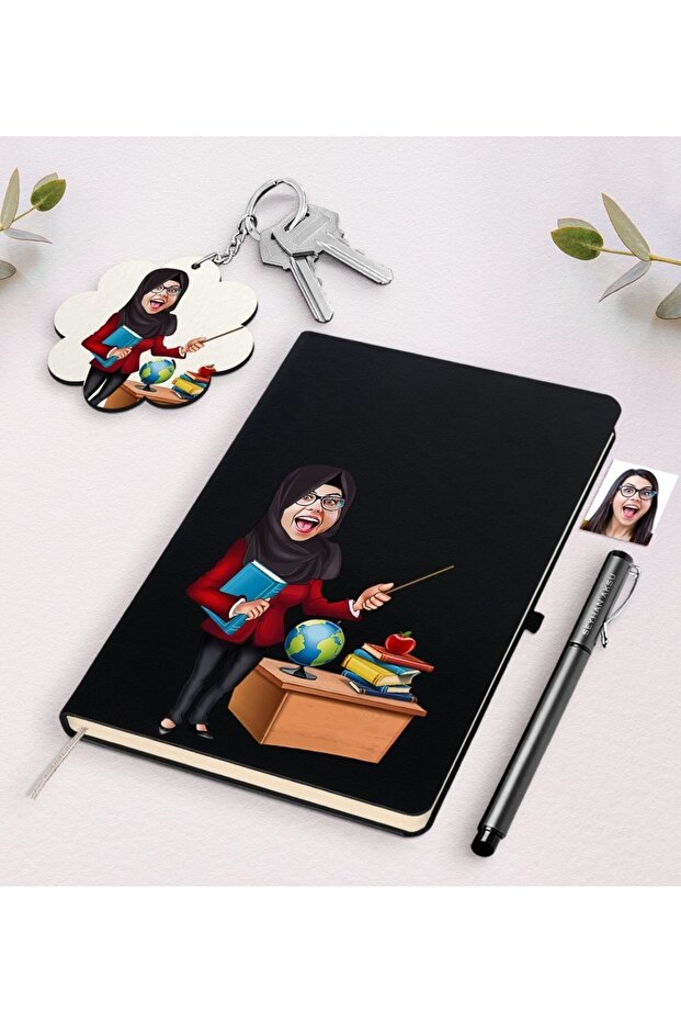 Personalized Women's Teacher Cartoon Black Notebook Pen And Keychain Gift Set-7 - 1