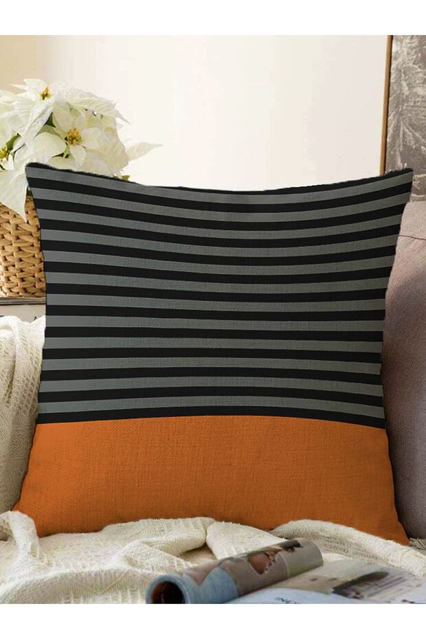Black Gray Striped Orange Background Modern Raschel Knitted Pillow Throw Pillow Cover