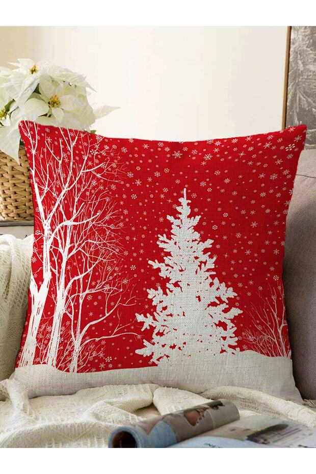 Red Colored Christmas Themed Pine Tree Designed Modern Raschel Knitted Pillow Throw Pillow Case