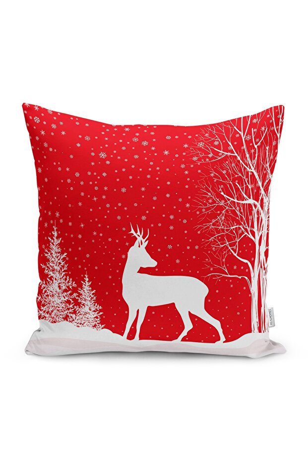 Red Christmas Themed Pillow and Pillow Cover with Deer Design