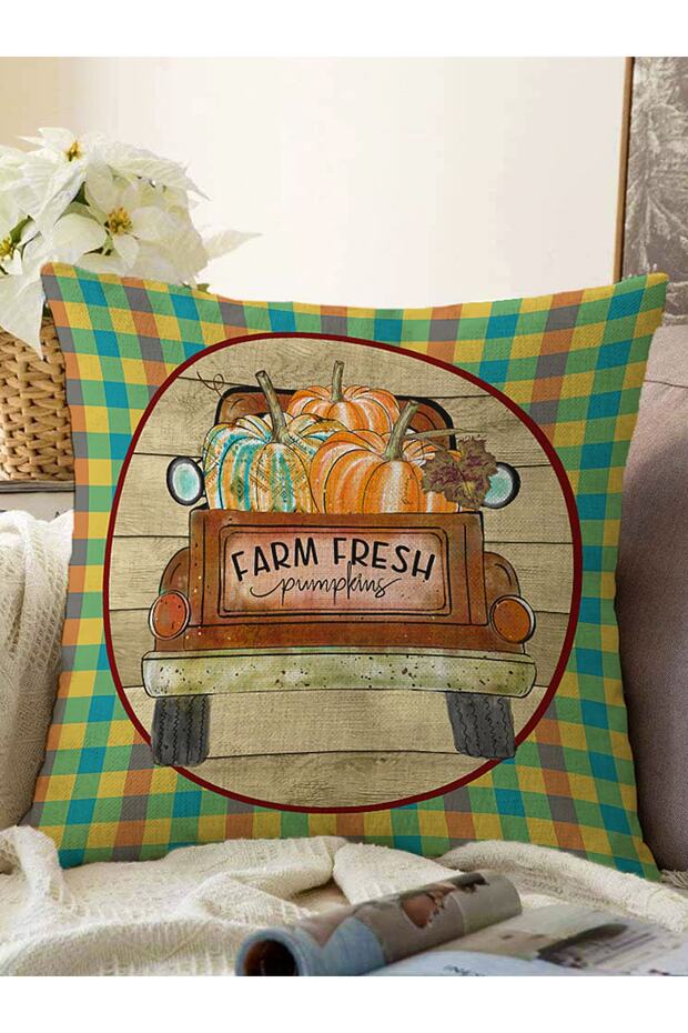 Farm Fresh Plaid Motif Pumpkin Themed Modern Raschel Knitted Pillow Throw Pillow Cover