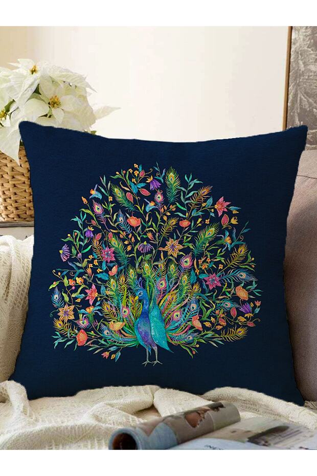 Navy Blue Floor Peacock Special Design Raschel Knitted Pillow Throw Pillow Cover