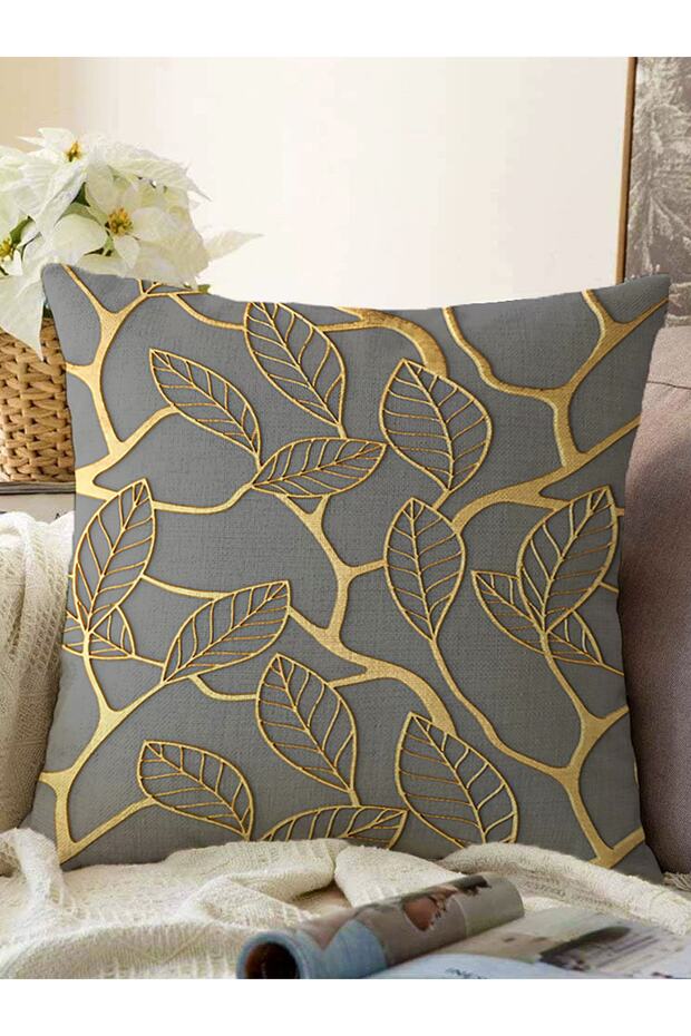 Gold Detailed Leaf Motif Special Design Decorative Raschel Knitted Pillow Throw Pillow Cover