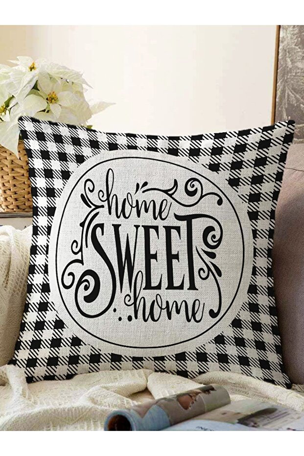 Black and White Plaid Home Sweet Home Modern Raschel Knitted Pillow Throw Pillow Cover