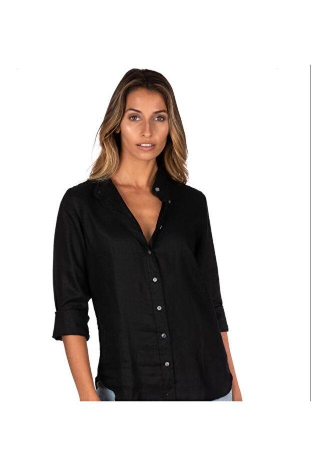 Black Turn Collar Linen Women's Shirt