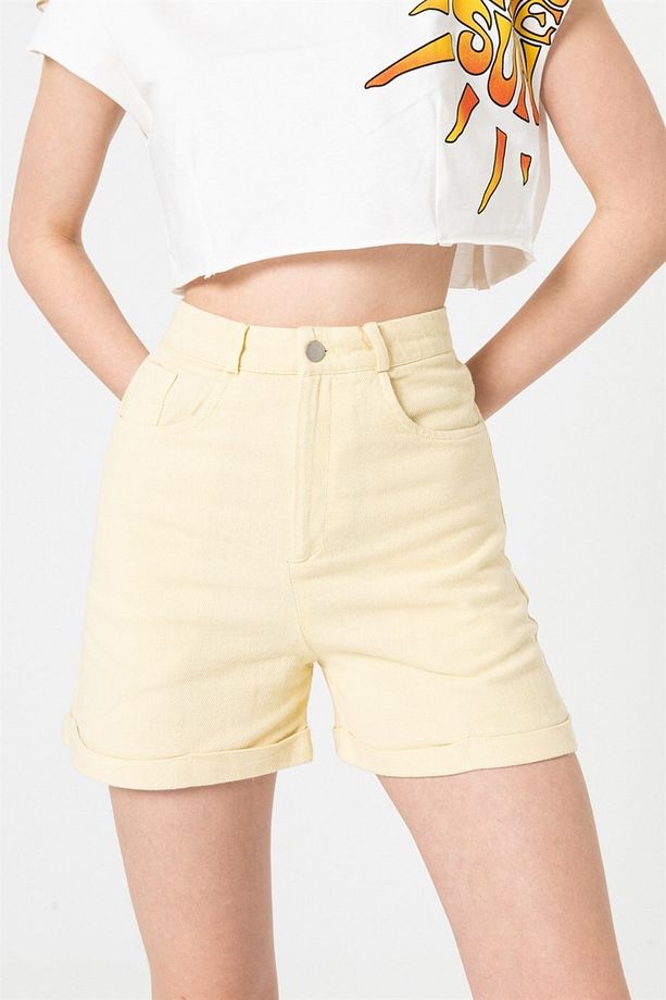 Sarı Double Paça Gabardin Şort - 3