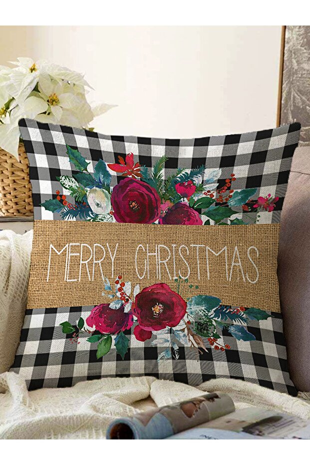 Mery Christmas Themed Black and White Plaid Rose Detailed Modern Raschel Knitted Pillow Throw Pillow Case