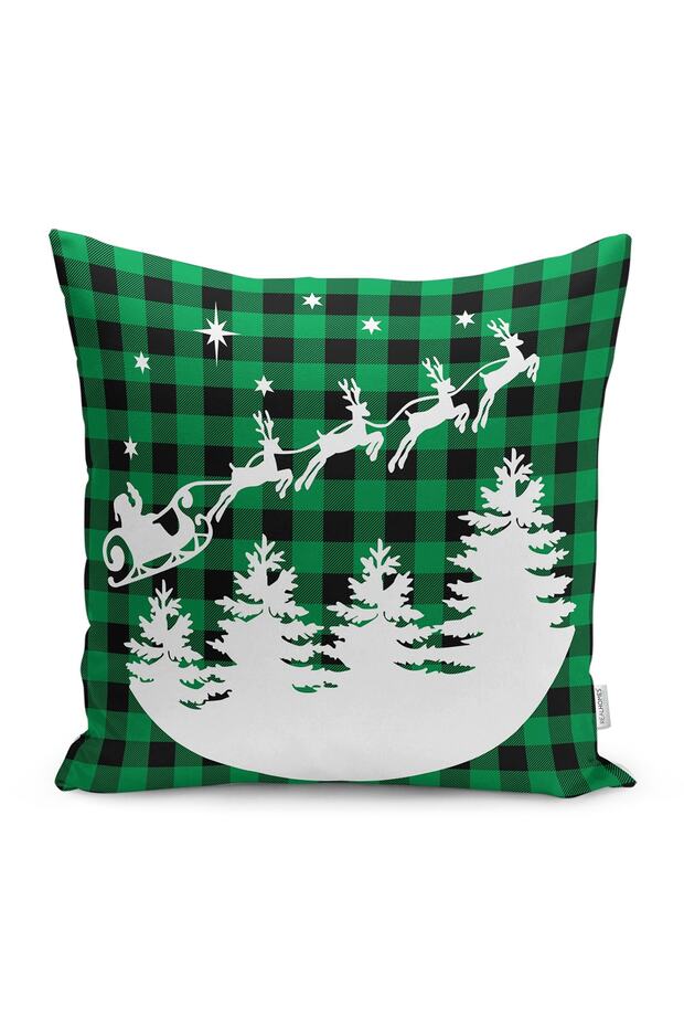 Green Plaid Motif Santa Claus And His Deers Modern Pillow Throw Pillow Cover