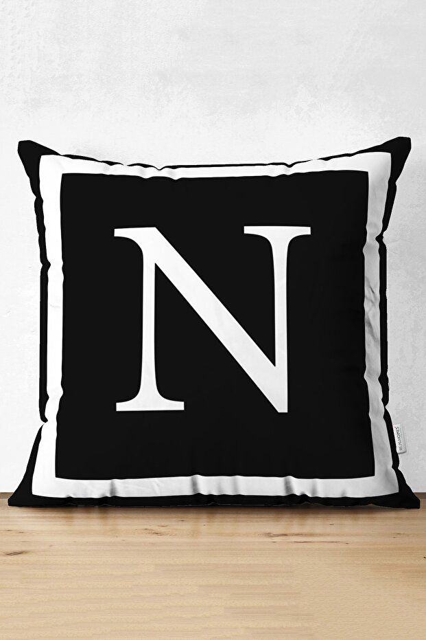 Black Background White Framed Letter N Digital Printed Suede Pillow Cushion Cover