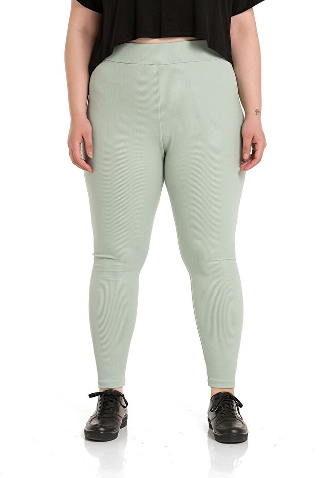 Large Size Ribbed Elastic Waist Ankle Length Green Leggings