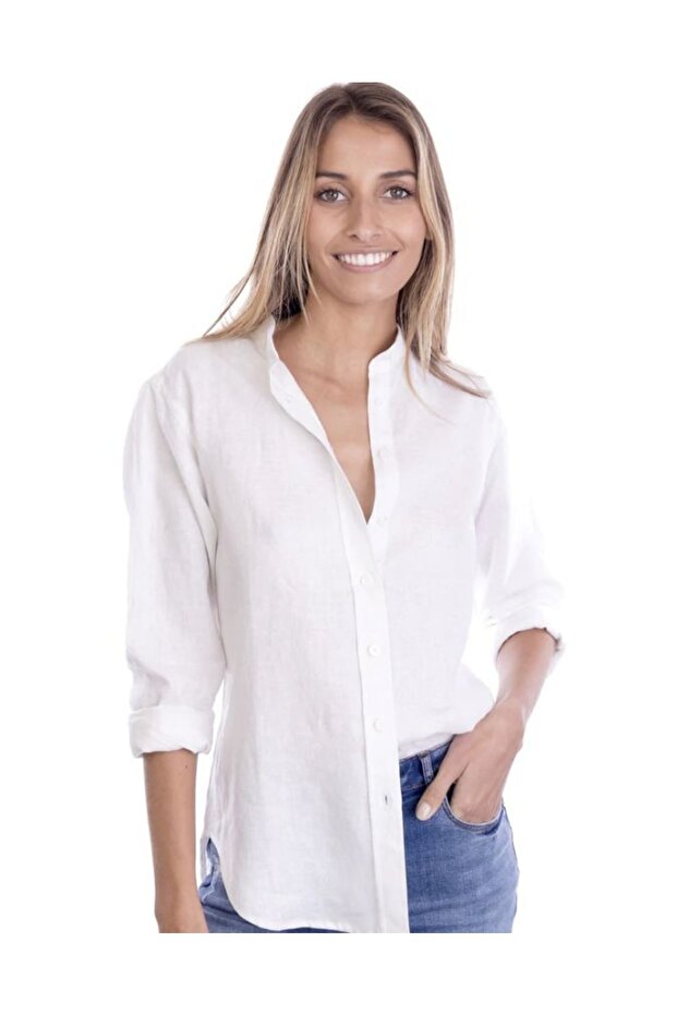 White Crew Collar Linen Women's Shirt