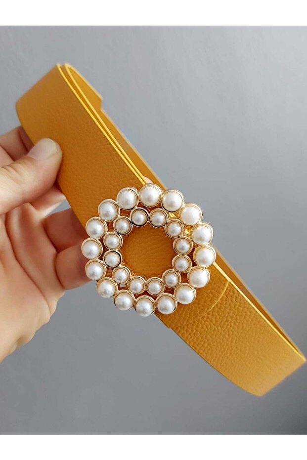 Women's Pearl Stone Gold Round Buckle Mustard Yellow Belt Jean Belt, Jacket Belt, Trouser Belt