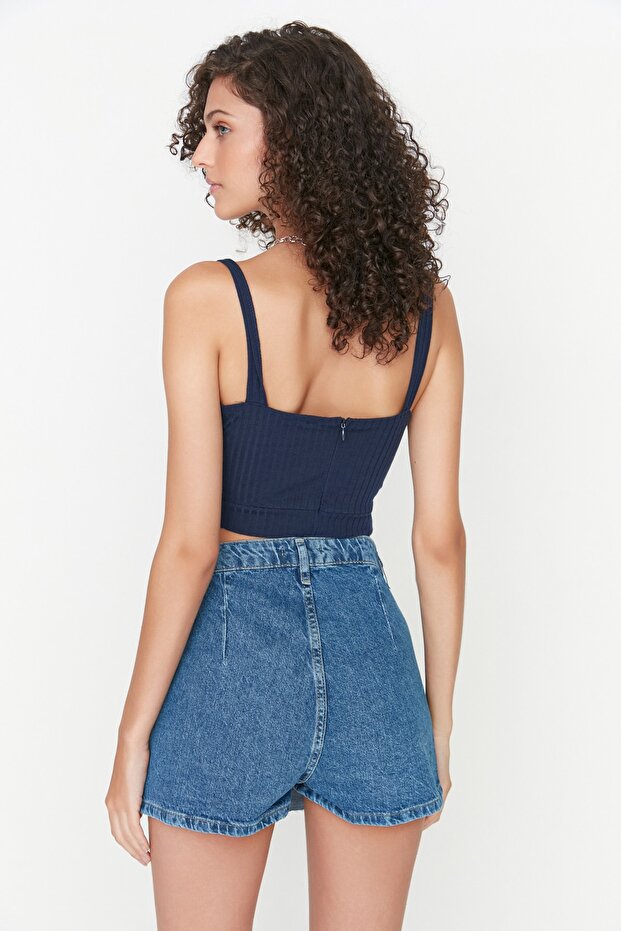 Mavi Pileli Normal Bel Mini Denim Şort Etek TWOSS22SR00163 - 6