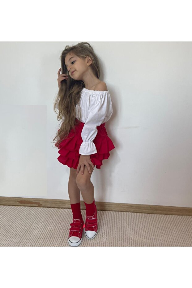 Kız Çocuk Fırfırlı Kırmızı Etek, Beyaz Bluz Ve Bandana Takım-12-18 Ay - 2