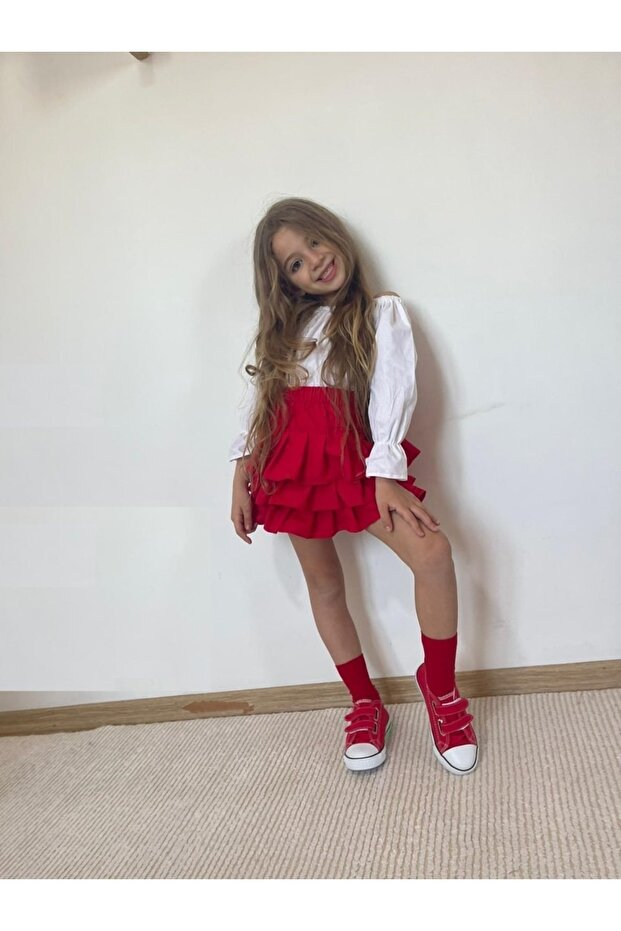 Kız Çocuk Fırfırlı Kırmızı Etek, Beyaz Bluz Ve Bandana Takım-12-18 Ay - 3