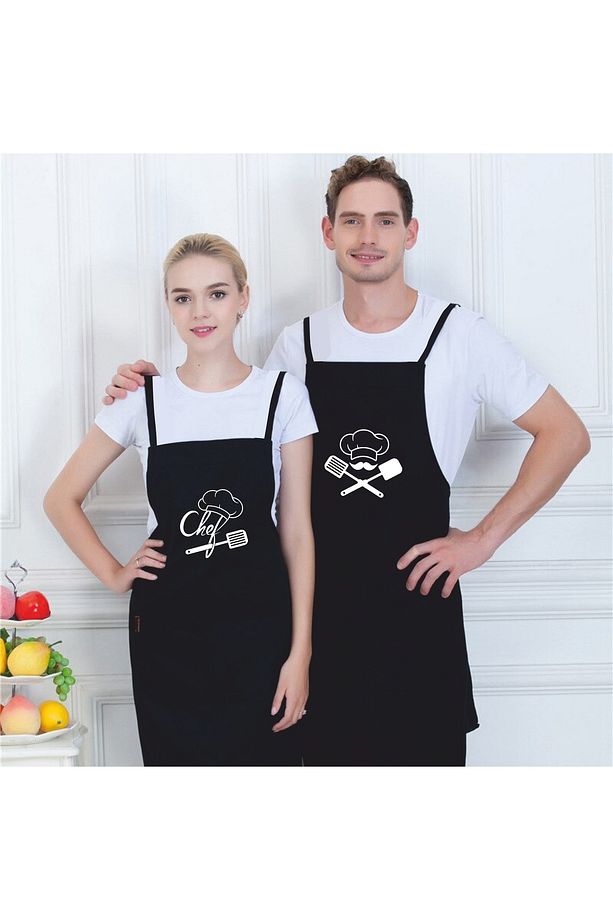 Siyah Chef Baskılı Duck Kumaş Masterchef Mutfak Önlüğü-şef Baskılı Önlük - 1
