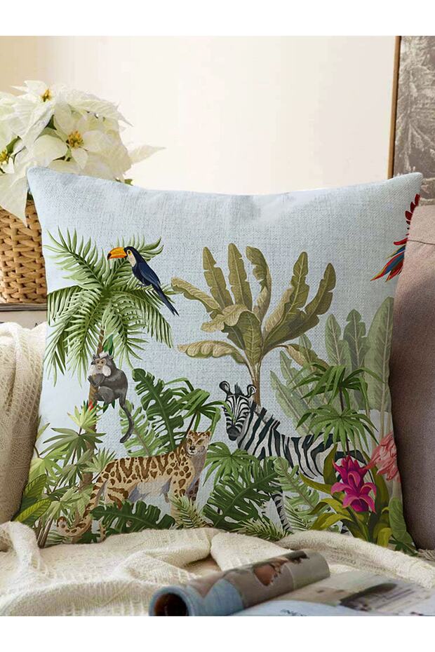 Tropical Animal & Leaf Motif Digital Printed Raschel Knitted Pillow Throw Pillow Cover