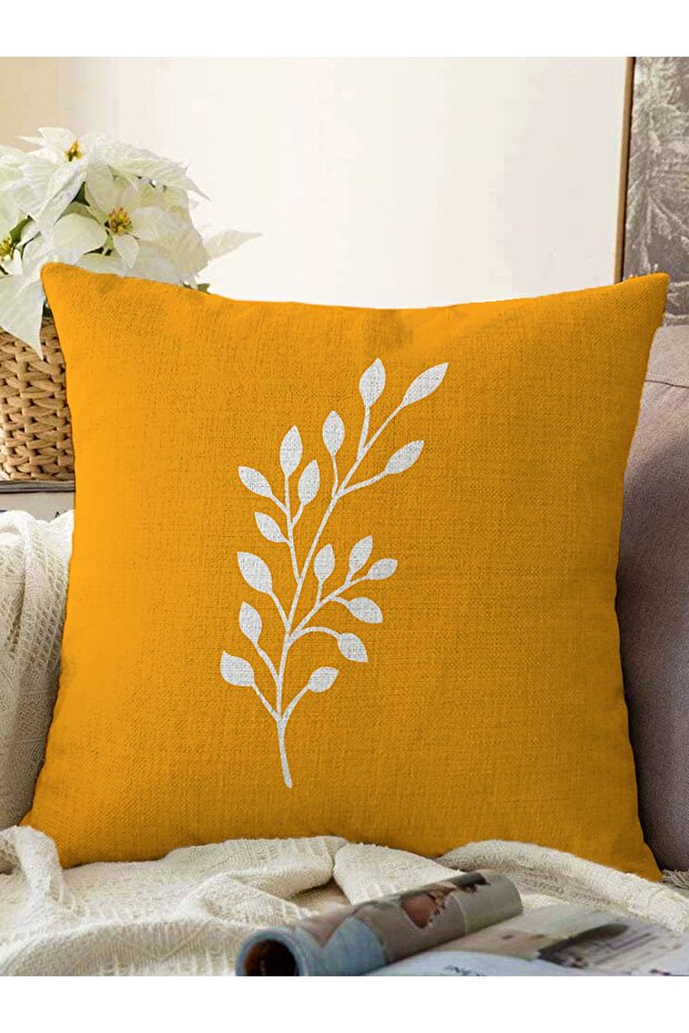 Mustard Background White Floral Design Raschel Knit Pillow Cushion Cover