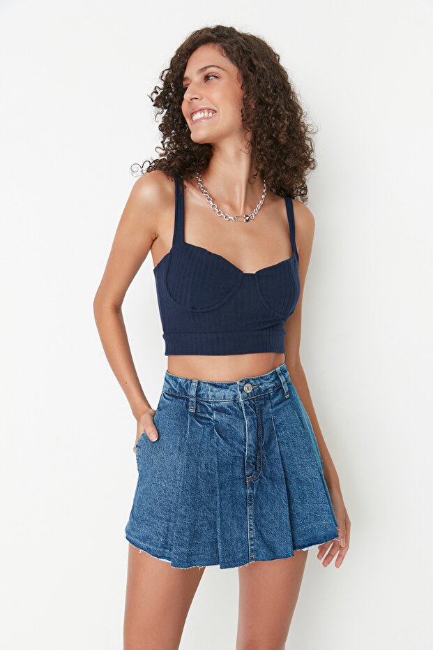 Mavi Pileli Normal Bel Mini Denim Şort Etek TWOSS22SR00163 - 3