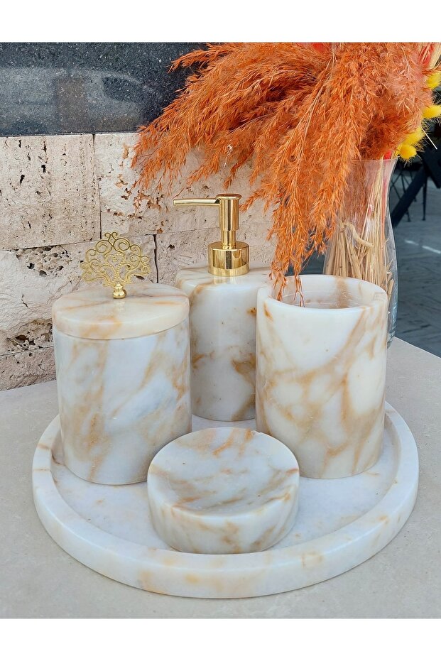 Light Sugar - White with Yellow Transition Natural Marble Bathroom Set of 5