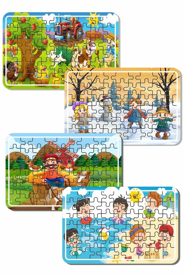 Farm House, Sea And Tati, Snowman, Farmer And Horse Carriage 54 Piece 4 Piece Wooden Puzzle