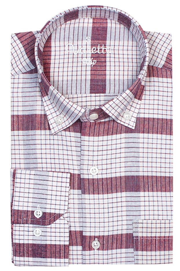 Men's Claret Red 100% Cotton Long Sleeve Collar Buttoned Single Pocket Checkered Classic Cut Shirt